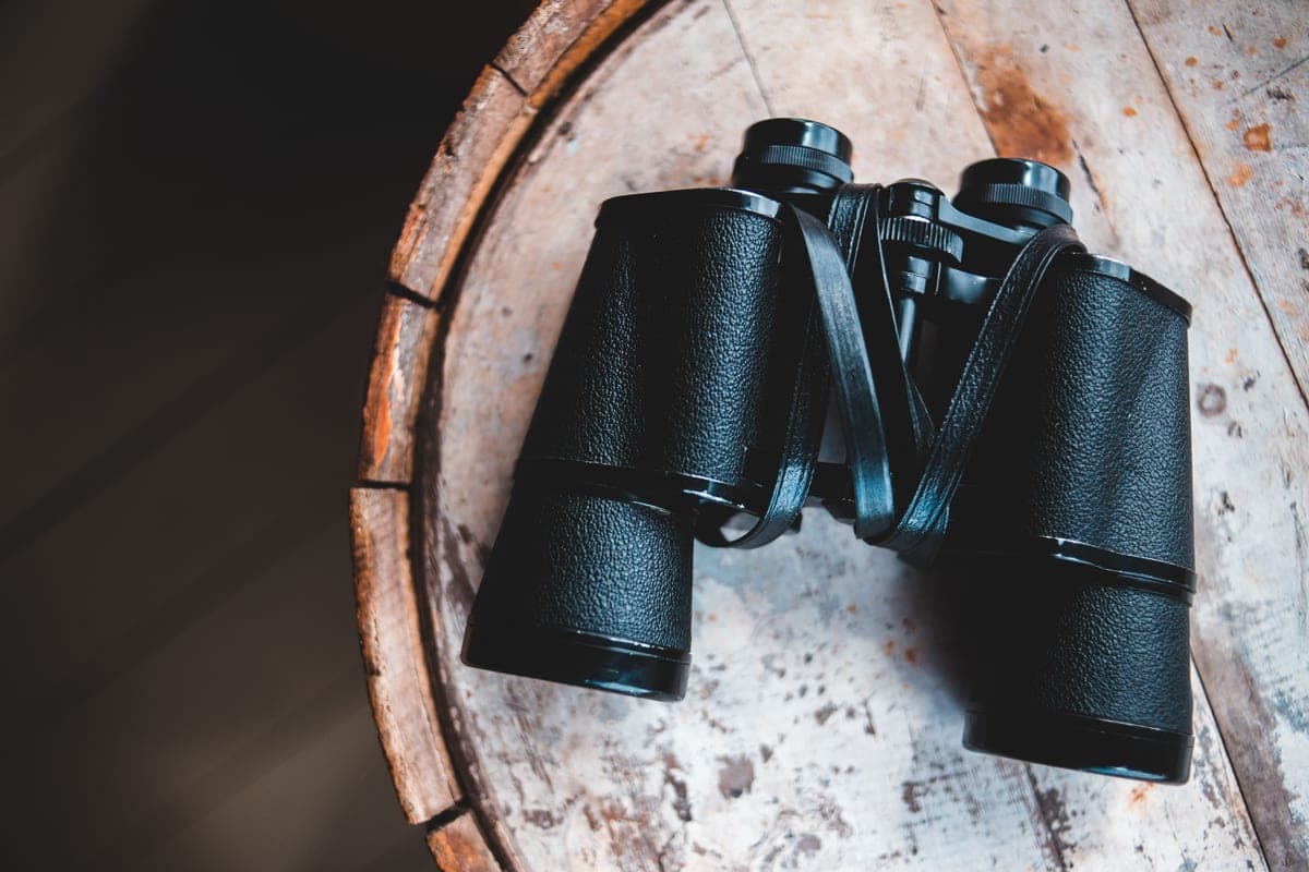 A pair of binoculars resting on a rustic wooden table