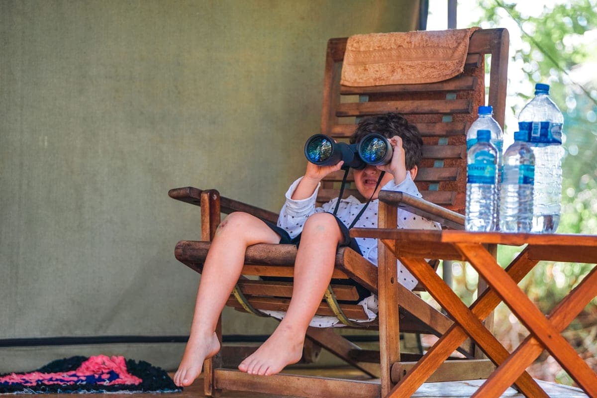 A pair of porro prism binoculars resting on a wooden surface outdoors